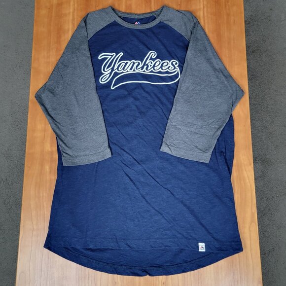 MLB Majestic New York Yankees Raglan Blue Grey Baseball Shirt - L - Picture 3 of 6